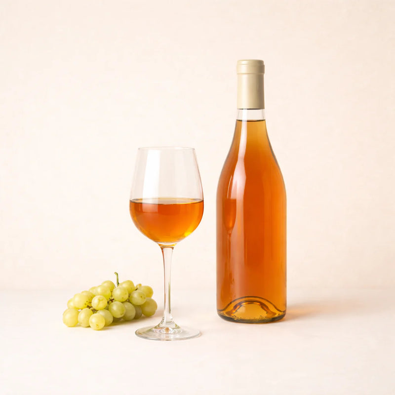 Amber orange wine in glass with bottle and white grapes on neutral beige backdrop