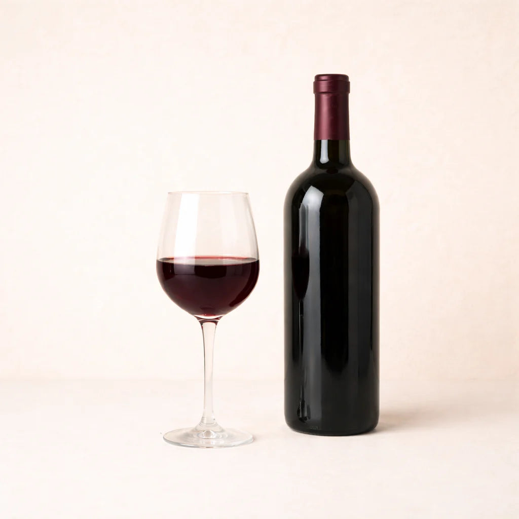 Red wine bottle and glass with ruby wine on soft beige background