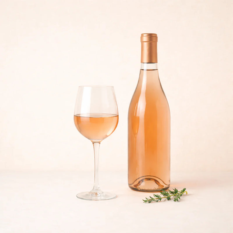Pale rosé wine bottle and glass with fresh herb detail on warm beige background