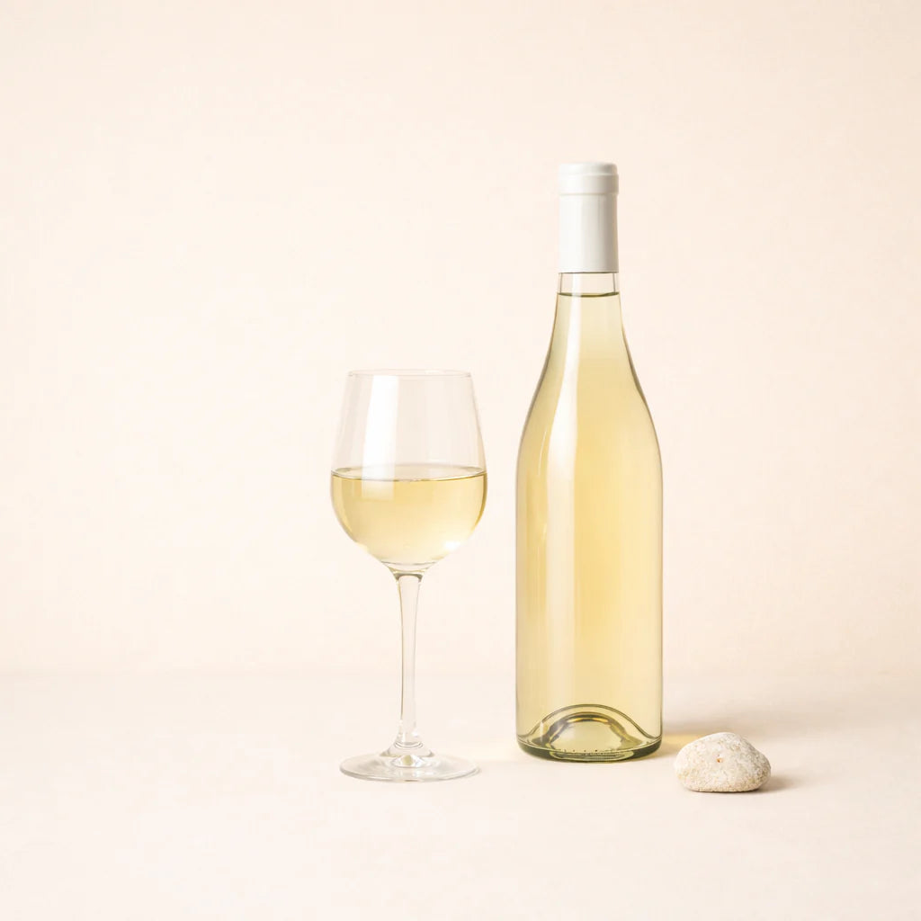 White wine bottle and glass with pale wine and subtle stone element on warm beige background