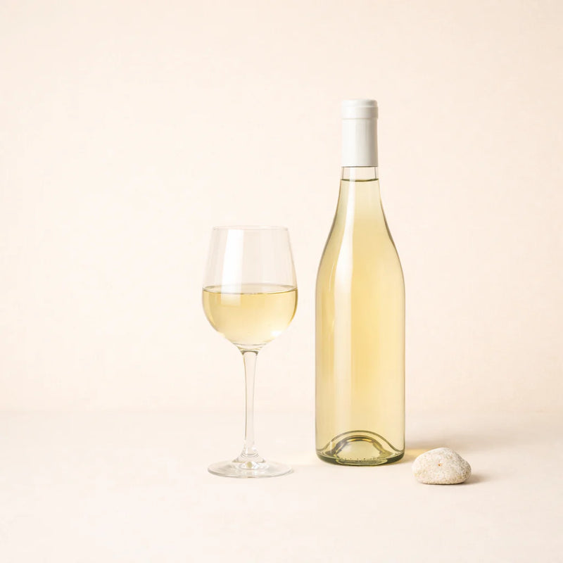 White wine bottle and glass with pale wine and subtle stone element on warm beige background