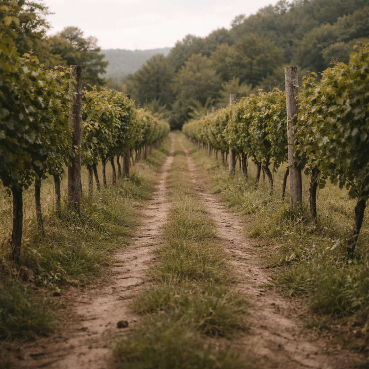 Narrow dirt path between irregular vineyard rows under soft overcast light in a quiet European wine region