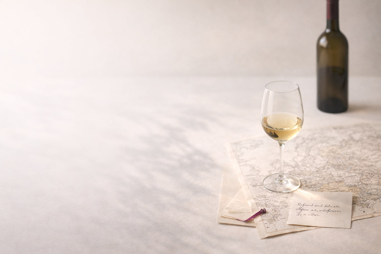 European wine discovery scene with glass of wine, map and tasting note on warm ivory background