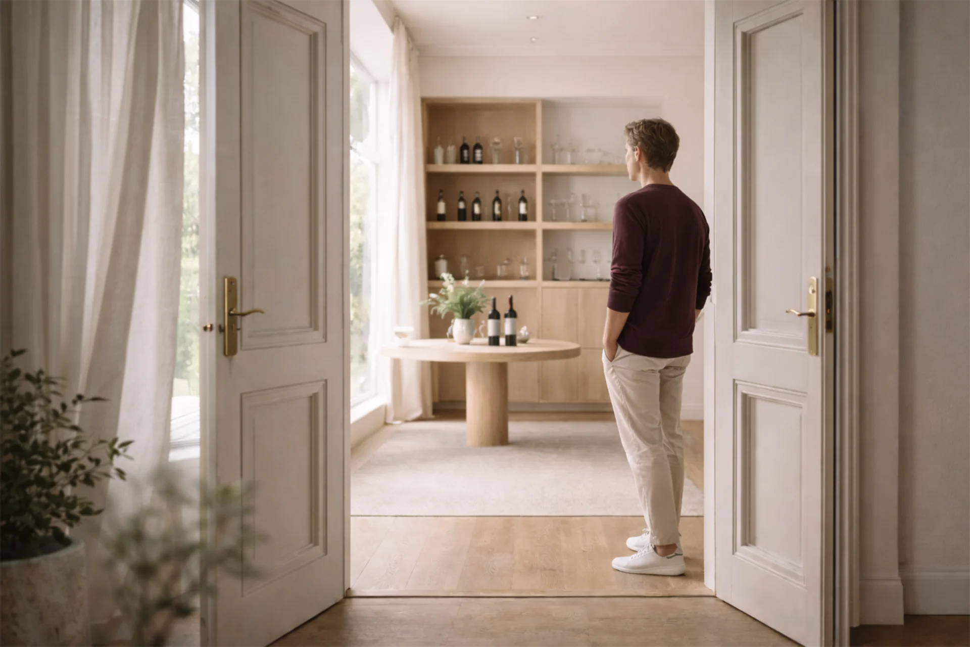 Open doorway leading into bright modern wine space with person in plum sweater standing inside