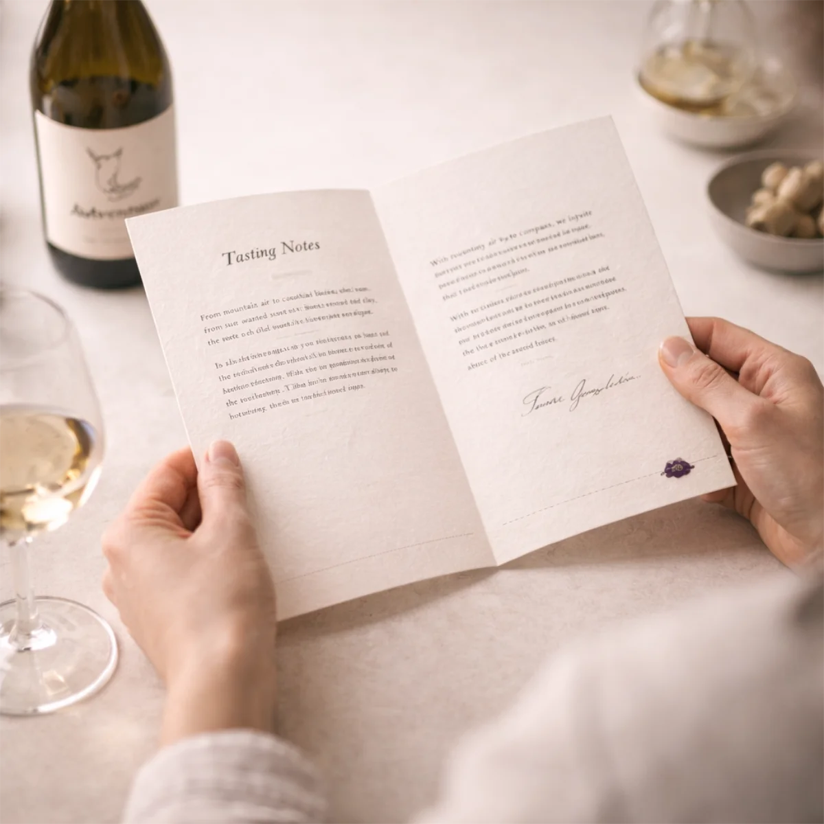 Hands holding folded tasting notes booklet beside wine bottle and glass on warm ivory surface